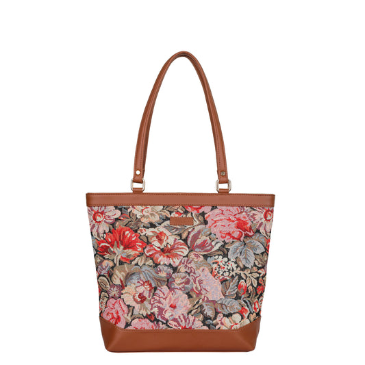 Ladies’ Floral Print Tapestry Tote Bag – Vegan Leather Shoulder Sling Handbag with Top Handle for Casual & Office Wear