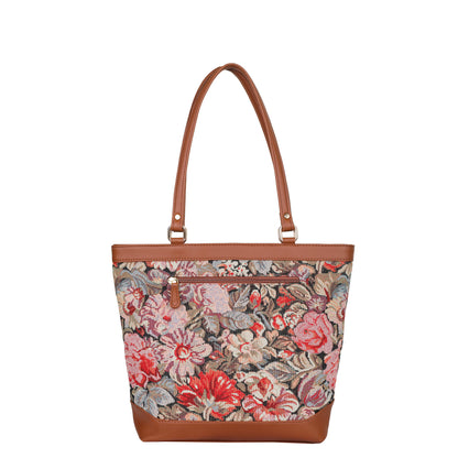 Women Floral Tapestry Tote Bag – Vegan Leather-Trimmed Shoulder Handbag with Top Handle for Daily Use
