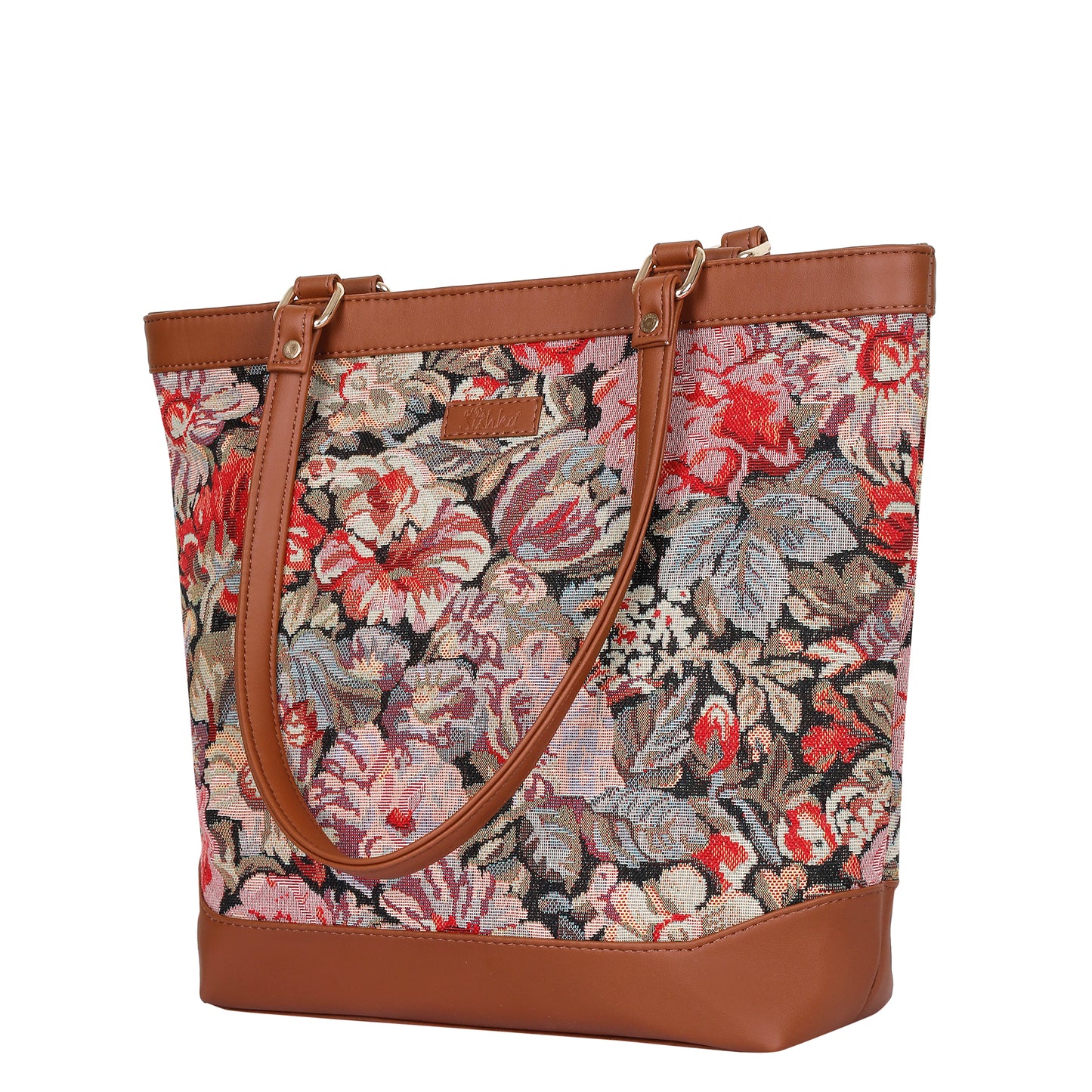 Women Floral Tapestry Tote Bag – Vegan Leather-Trimmed Shoulder Handbag with Top Handle for Daily Use