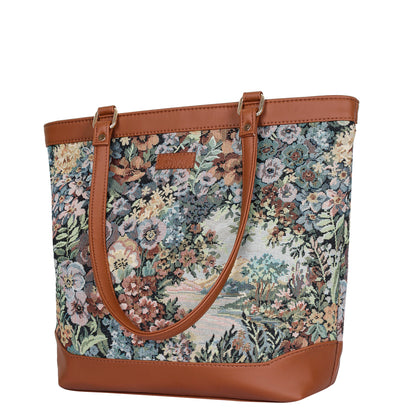 Women’s Botanical Design Tapestry Tote Bag – Vegan Leather Shoulder Satchel with Top Handle for Everyday Carry