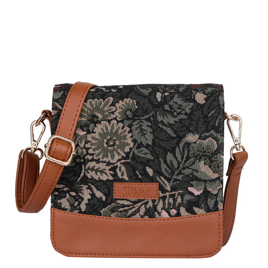 Vintage Tapestry Crossbody Bag – Women Sling Shoulder Purse with Vegan Leather Trim Handle