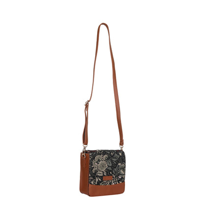 Vintage Tapestry Crossbody Bag – Women Sling Shoulder Purse with Vegan Leather Trim Handle