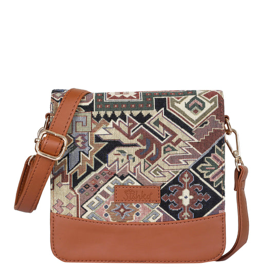 Geometric Tapestry Crossbody Bag – Women Sling Shoulder Purse with Vegan Leather Trim Handle