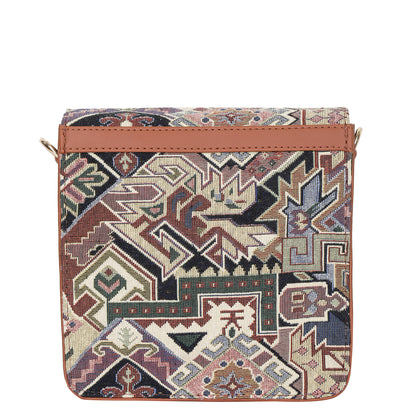 Geometric Tapestry Crossbody Bag – Women Sling Shoulder Purse with Vegan Leather Trim Handle