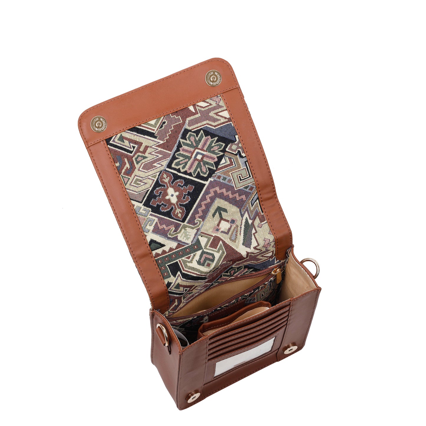 Geometric Tapestry Crossbody Bag – Women Sling Shoulder Purse with Vegan Leather Trim Handle