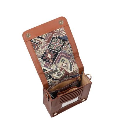 Geometric Tapestry Crossbody Bag – Women Sling Shoulder Purse with Vegan Leather Trim Handle