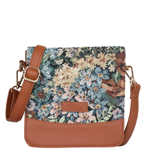 Botanical Tapestry Crossbody Sling Bag – Women Shoulder Purse with Vegan Leather Trim