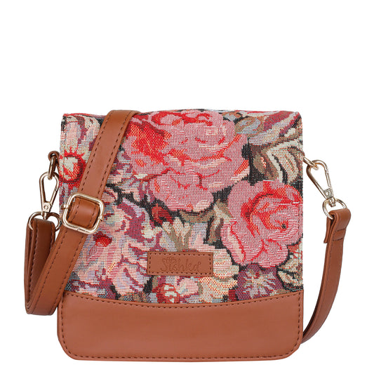 Floral Tapestry Crossbody Bag – Women Sling Shoulder Purse with Vegan Leather Trim