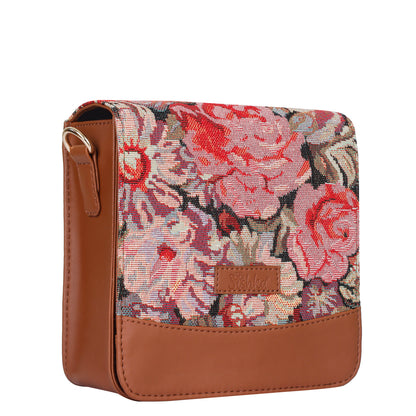 Floral Tapestry Crossbody Bag – Women Sling Shoulder Purse with Vegan Leather Trim