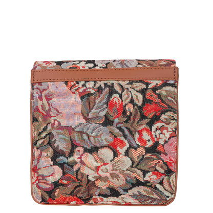 Floral Tapestry Crossbody Bag – Women Sling Shoulder Purse with Vegan Leather Trim