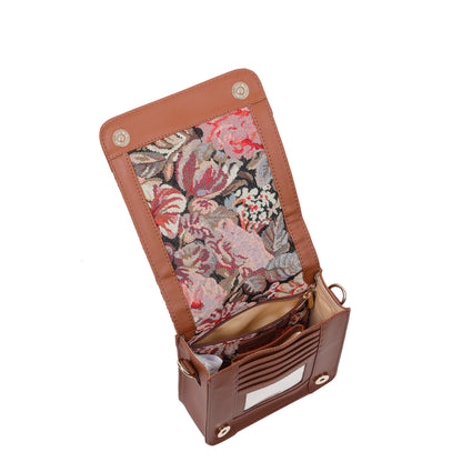 Floral Tapestry Crossbody Bag – Women Sling Shoulder Purse with Vegan Leather Trim