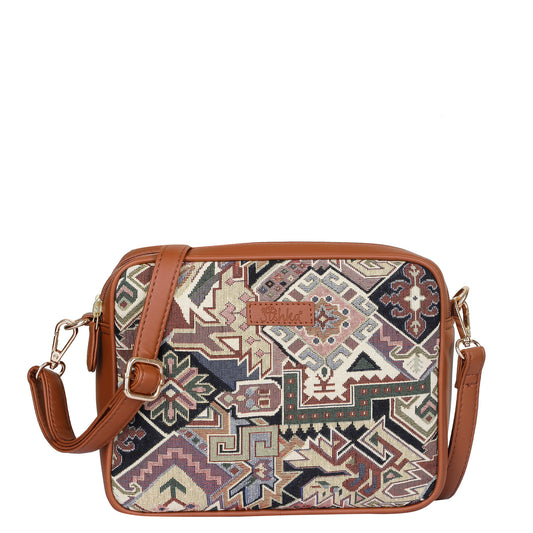 Ladies’ Geometric Tapestry Sling Bag – Vegan Leather Crossbody Satchel with Adjustable Strap for Office, Errands & Outings