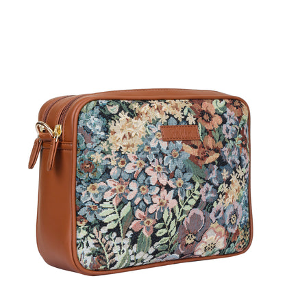 Women’s Botanical Tapestry Crossbody Purse – Messenger & Shoulder Bag with Vegan Leather Trim Handle