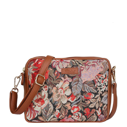 Ladies’ Floral Tapestry Shoulder Sling Bag – Vegan Leather-Trim Messenger Purse with Adjustable Strap for Work