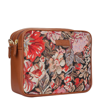 Floral Tapestry Messenger Bag – Women Crossbody Sling with Vegan Leather Trim Handle