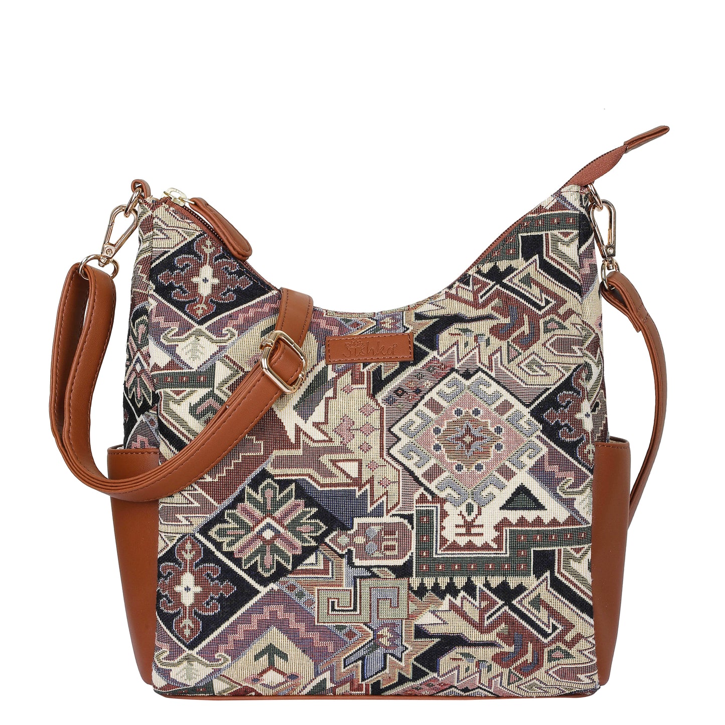 Wholesale Women Hobo Bag in Geometric Tapestry Pattern with vegan leather Trim | Crossbody & Shoulder Purse for Office