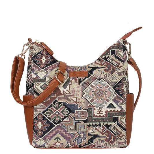 Ladies’ Geometric Tapestry Hobo Bag – Stylish Vegan Leather Trim Shoulder & Crossbody Purse for Office & Daily Outings