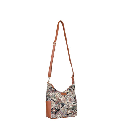 Wholesale Women Hobo Bag in Geometric Tapestry Pattern with vegan leather Trim | Crossbody & Shoulder Purse for Office