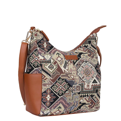 Wholesale Women Hobo Bag in Geometric Tapestry Pattern with vegan leather Trim | Crossbody & Shoulder Purse for Office