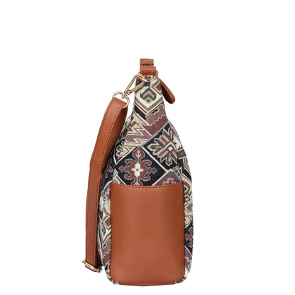 Wholesale Women Hobo Bag in Geometric Tapestry Pattern with vegan leather Trim | Crossbody & Shoulder Purse for Office