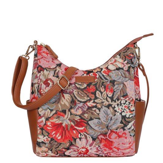 Ladies’ Floral Tapestry Hobo Bag – Stylish Vegan Leather-Trimmed Shoulder & Crossbody Purse for Everyday Essentials