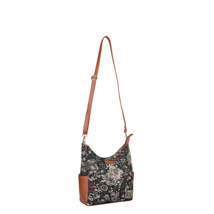 Women's Hobo Bag in Vintage Tapestry Fabric Pattern | Vegan leather-Trim Crossbody Sling & Shoulder Purse