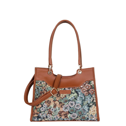 Wholesale Women Botanical Tapestry Satchel Bag – Vegan Leather Trimmed Handbag, Crossbody & Shoulder Purse
