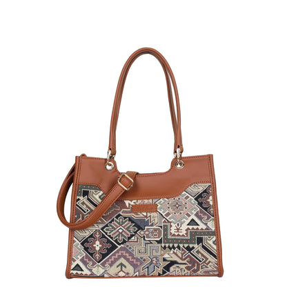 Women Geometric Tapestry Satchel & Crossbody Bag – Vegan leather Trimmed Shoulder and Hand Purse