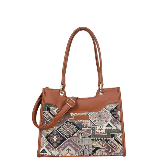 Women Geometric Tapestry Satchel & Crossbody Bag – Vegan leather Trimmed Shoulder and Hand Purse