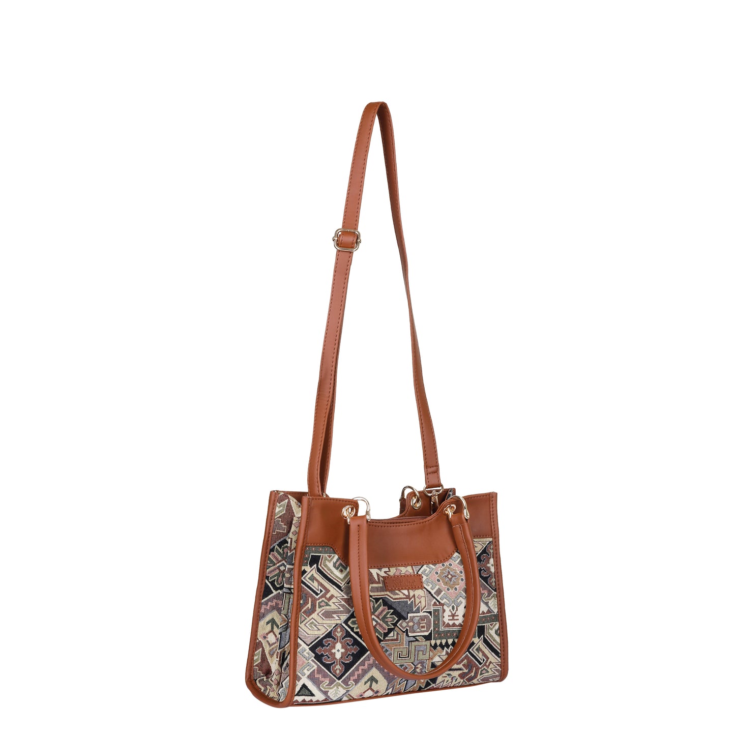 Women Geometric Tapestry Satchel & Crossbody Bag – Vegan leather Trimmed Shoulder and Hand Purse