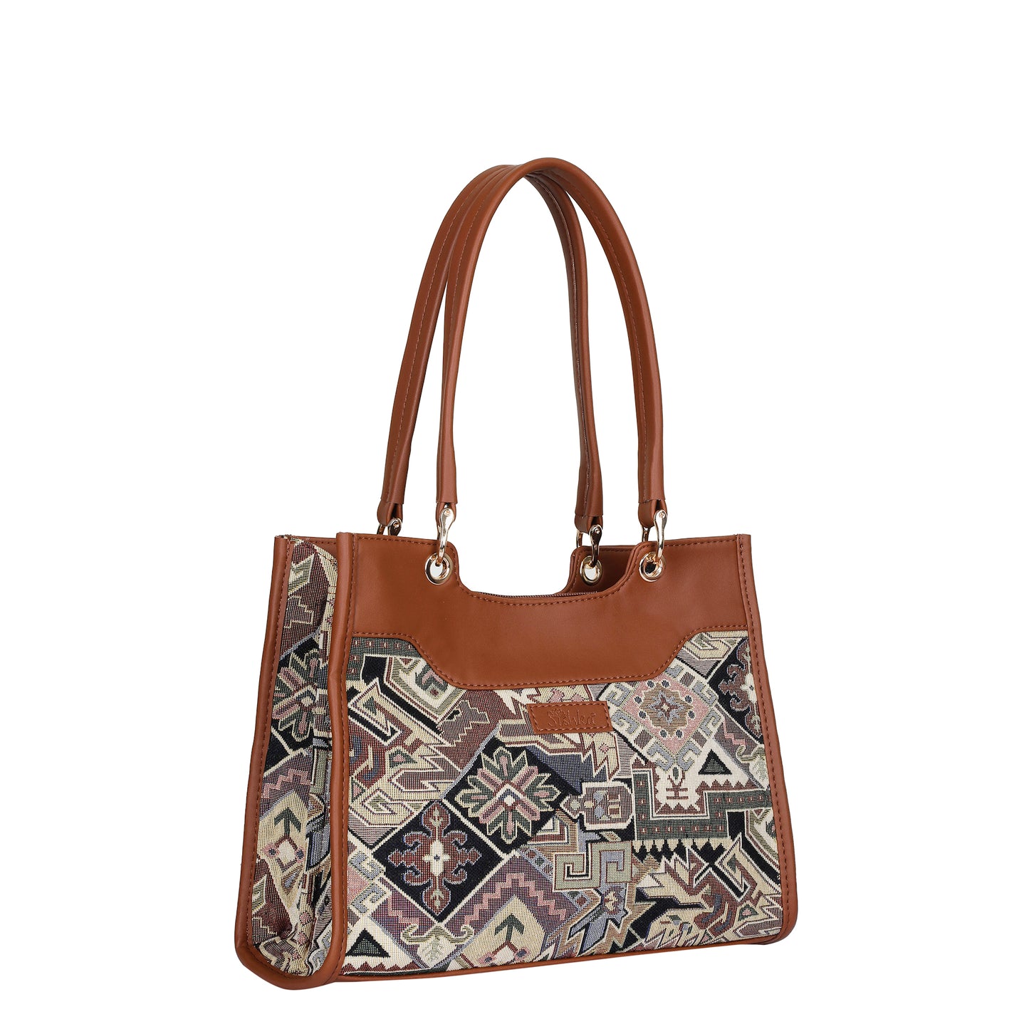 Women Geometric Tapestry Satchel & Crossbody Bag – Vegan leather Trimmed Shoulder and Hand Purse