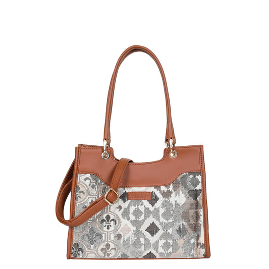 Wholesale Abstract Tapestry Satchel Bag Crossbody Top Handle Handbag for Women with Vegan Leather Trim