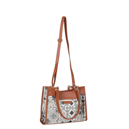 Wholesale Abstract Tapestry Satchel Bag Crossbody Top Handle Handbag for Women with Vegan Leather Trim