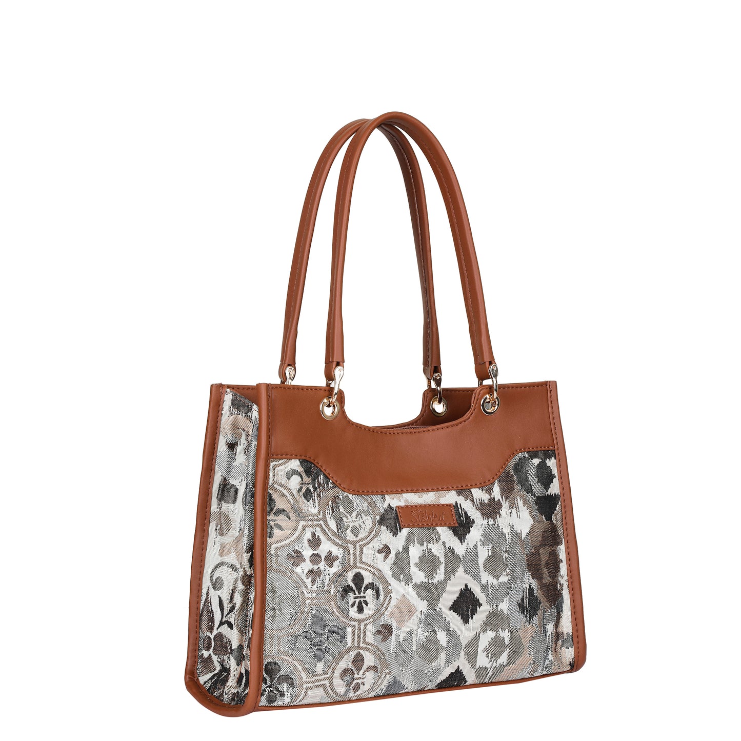 Wholesale Abstract Tapestry Satchel Bag Crossbody Top Handle Handbag for Women with Vegan Leather Trim