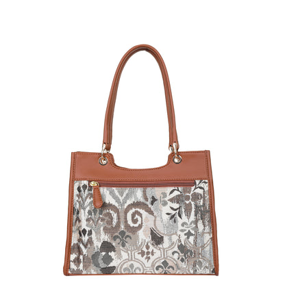 Wholesale Abstract Tapestry Satchel Bag Crossbody Top Handle Handbag for Women with Vegan Leather Trim