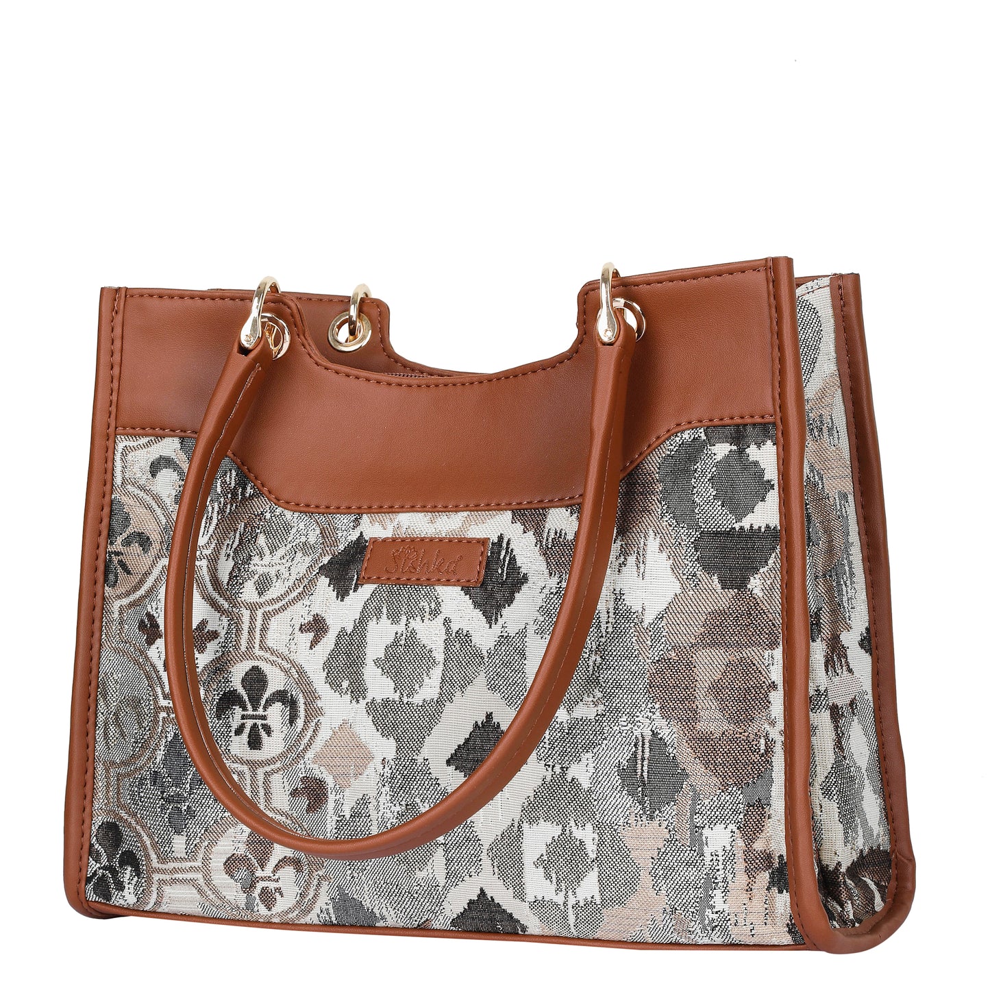Wholesale Abstract Tapestry Satchel Bag Crossbody Top Handle Handbag for Women with Vegan Leather Trim