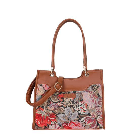 Women Floral Tapestry Satchel & Crossbody Bag – Wholesale Vegan Leather‑Trimmed Shoulder Purse with Top Handle