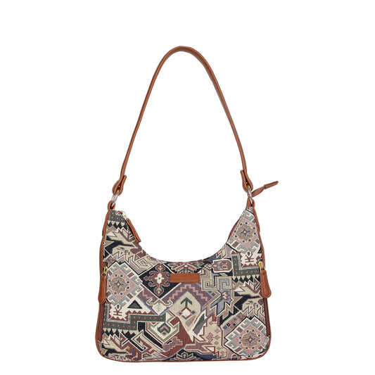 Ladies’ Geometric Tapestry Fabric Hobo Shoulder Bag – Stylish Satchel Purse with Vegan Leather Strap for Work & Casual Outings