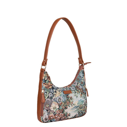 Botanical Design Tapestry Fabric Hobo Bag For Women | Shoulder & Satchel Purse with Vegan leather Trim and Strap for Travel & Casual Use