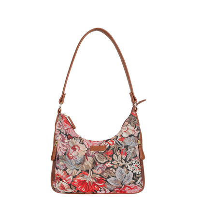 Ladies Hobo Bag in Floral Design Tapestry Fabric | Trimmed Shoulder Satchel Bag with vegan leather Strap for Everyday Use