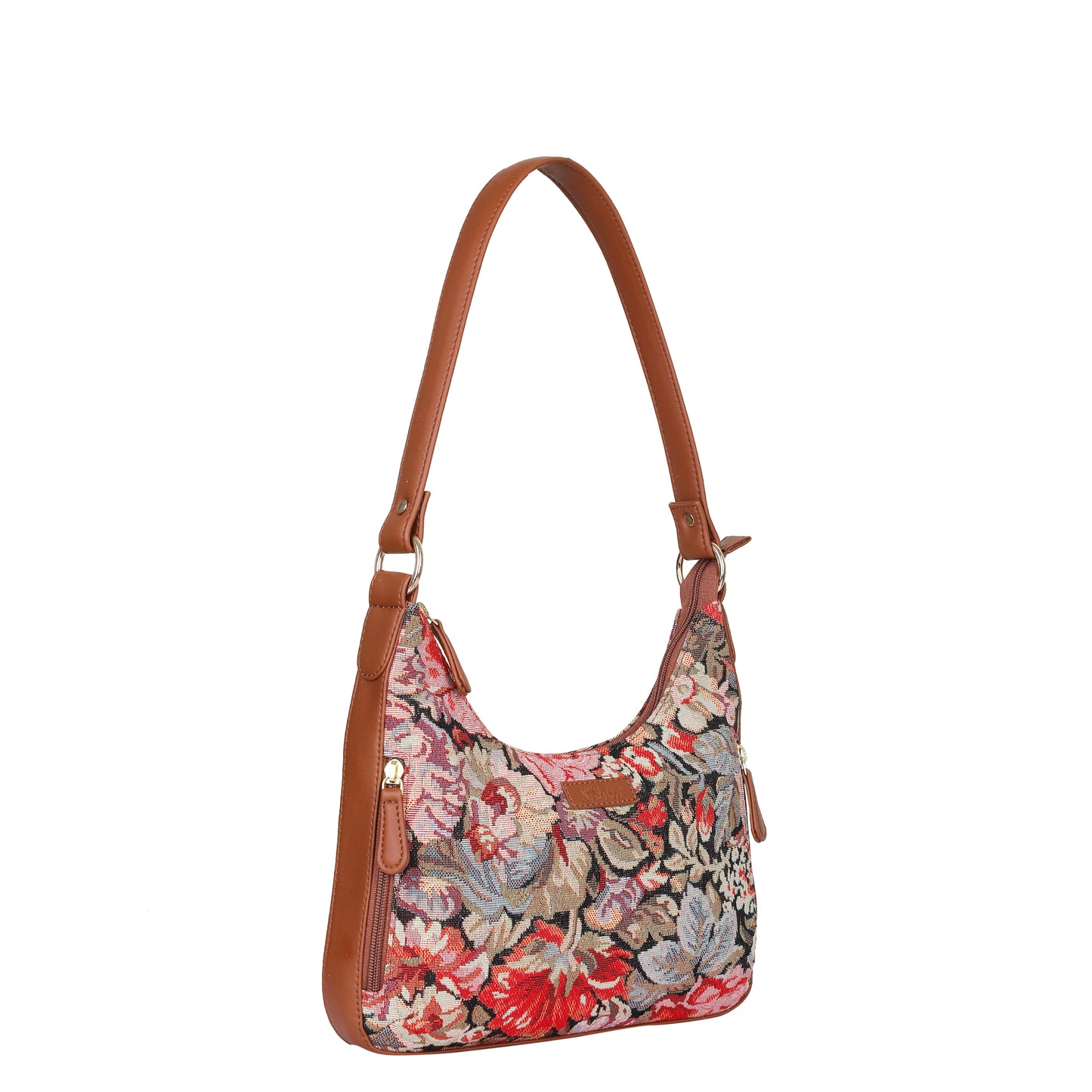 Ladies Hobo Bag in Floral Design Tapestry Fabric | Trimmed Shoulder Satchel Bag with vegan leather Strap for Everyday Use