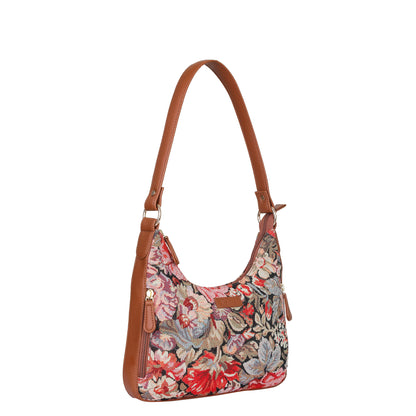 Ladies Hobo Bag in Floral Design Tapestry Fabric | Trimmed Shoulder Satchel Bag with vegan leather Strap for Everyday Use