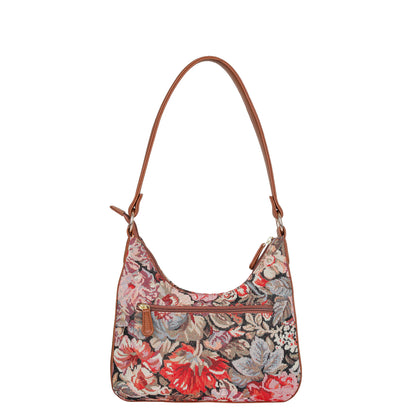 Ladies Hobo Bag in Floral Design Tapestry Fabric | Trimmed Shoulder Satchel Bag with vegan leather Strap for Everyday Use