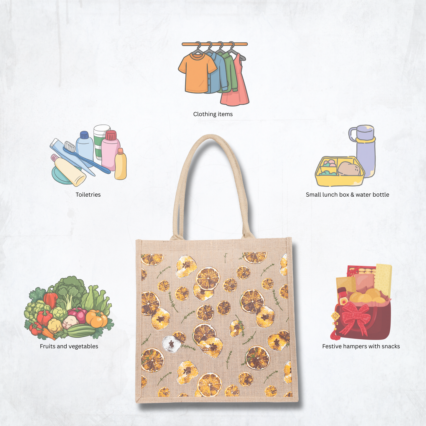 Citrus Print Jute Tote Bag – Eco-Friendly Reusable Natural Shopping Bag for Women, Groceries, Travel, Beach, and Daily Use