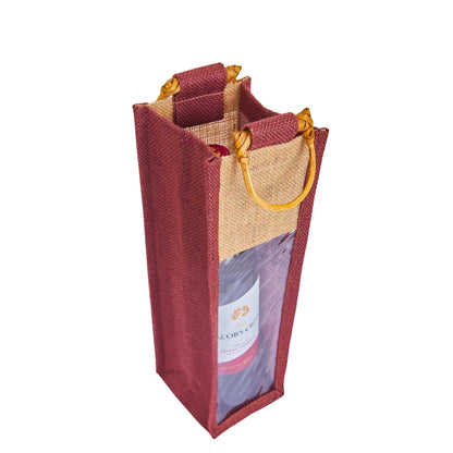 Jute Wine Gift Bags with PVC Window – Reusable Single-Bottle Carriers,  Ideal for Gifting, Weddings & Parties (Packs of 6)