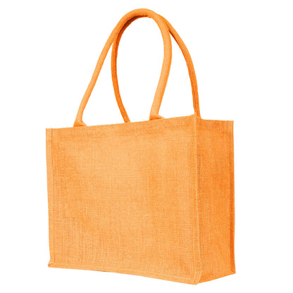 Jute Tote Bags – Shopping, Gifting, Weddings, Travel, Promotional–Deep Red, Pink, Green, Orange (Set of 4)