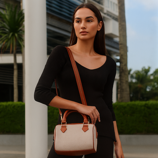 Wholesale Beige Fabric Crossbody Tote Handbag with Vegan Trim