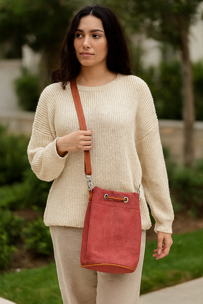 Wholesale  Pink Fabric Bucket Crossbody Sling bag  with Vegan Leather