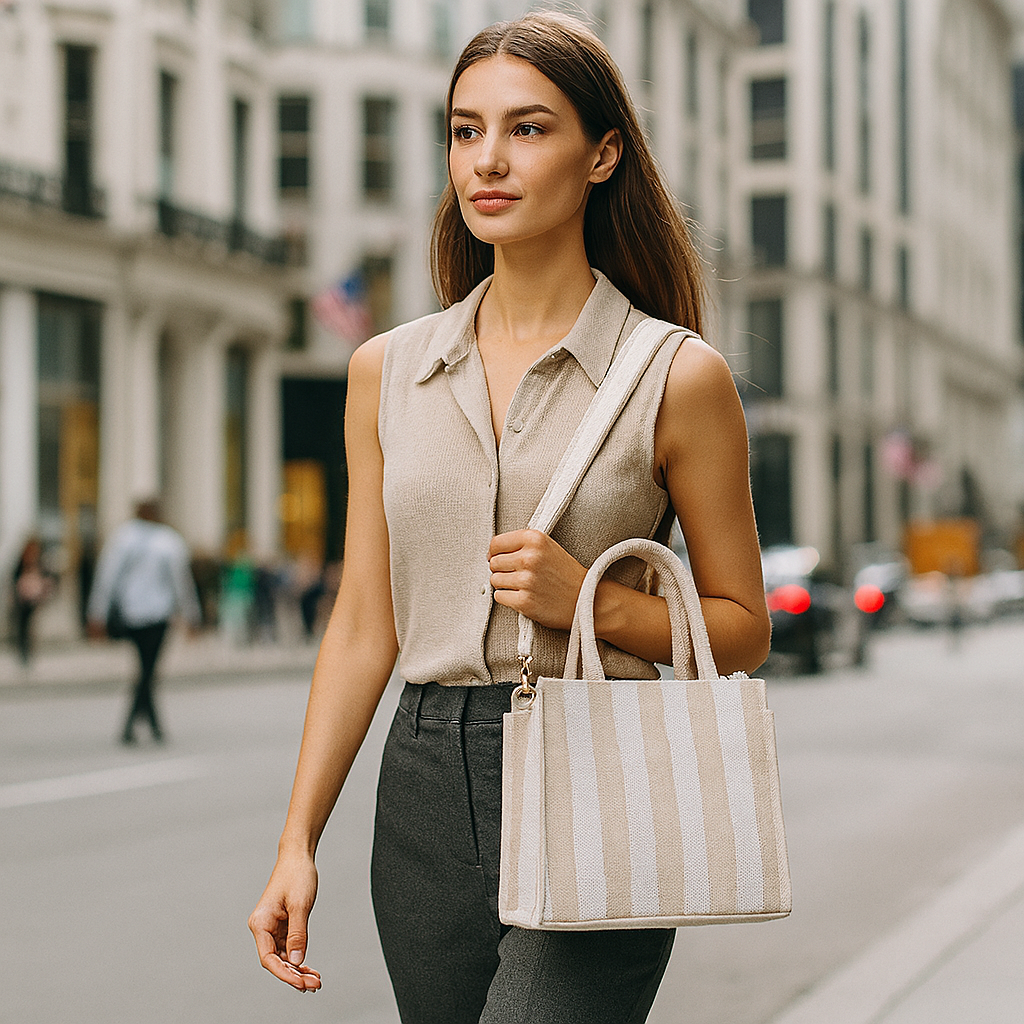 Wholesale Taupe Striped Canvas Crossbody Tote Handbag For Travel Use