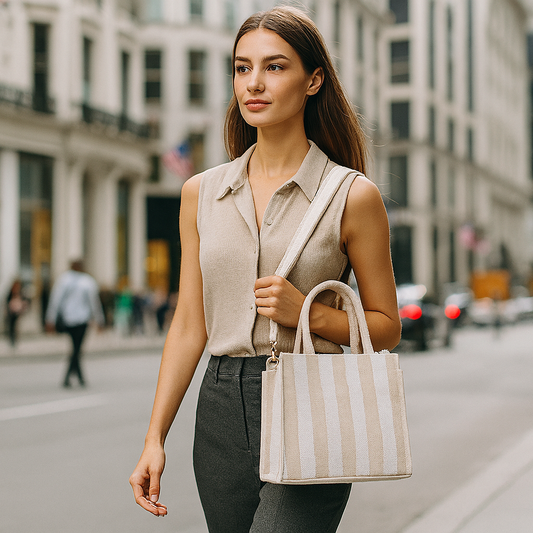 Wholesale Taupe Striped Canvas Crossbody Tote Handbag For Travel Use